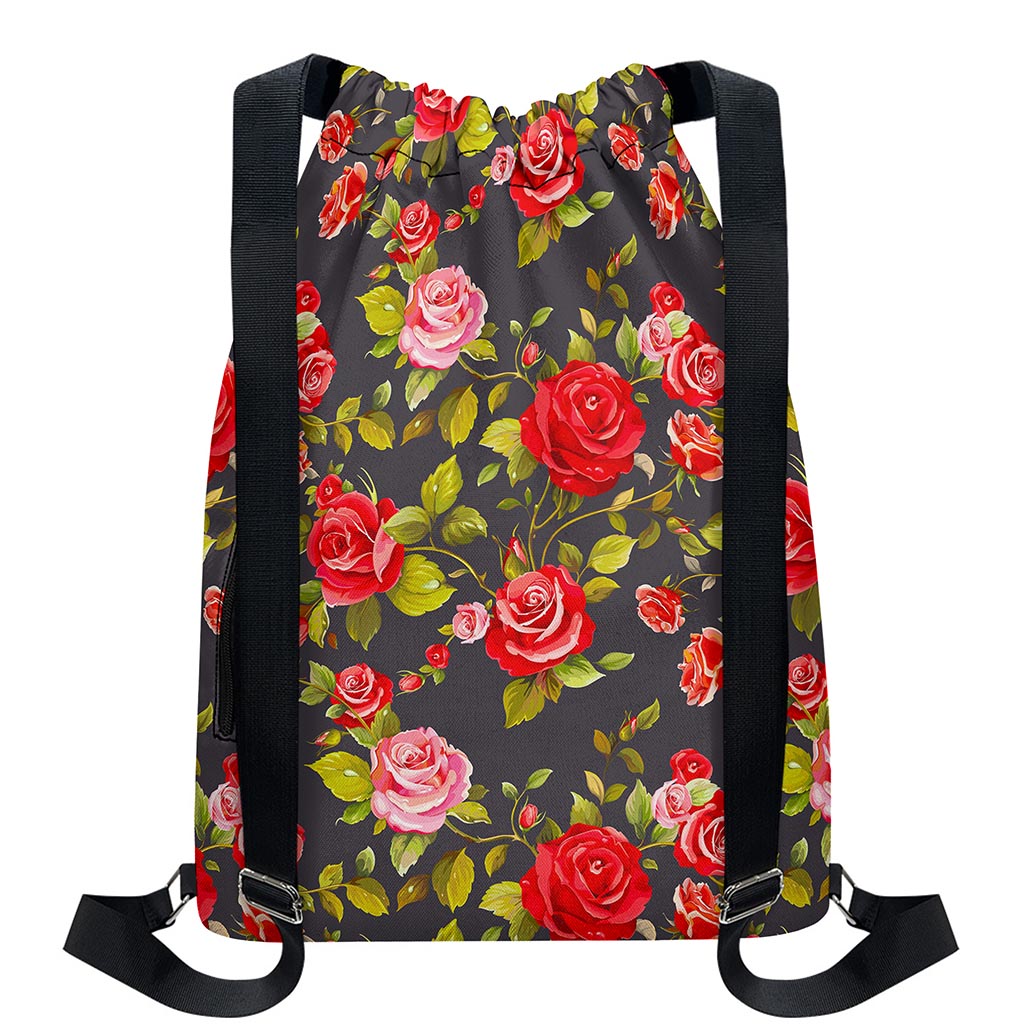 Pink Red Rose Floral Pattern Print Drawstring Backpack