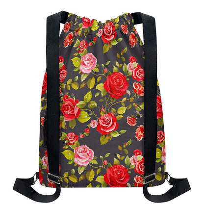 Pink Red Rose Floral Pattern Print Drawstring Backpack
