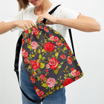 Pink Red Rose Floral Pattern Print Drawstring Backpack