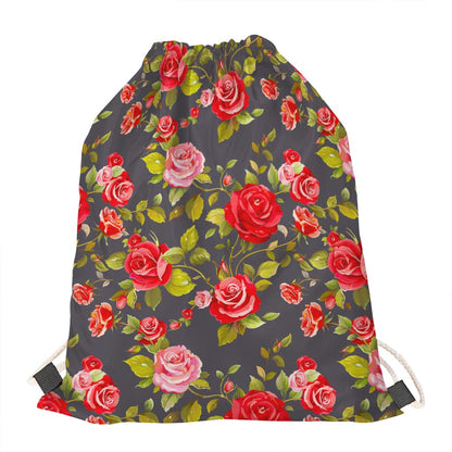 Pink Red Rose Floral Pattern Print Drawstring Bag