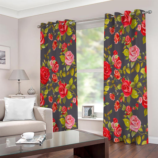 Pink Red Rose Floral Pattern Print Extra Wide Grommet Curtains