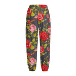 Pink Red Rose Floral Pattern Print Fleece Lined Knit Pants
