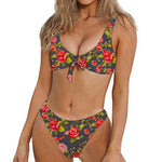 Pink Red Rose Floral Pattern Print Front Bow Tie Bikini