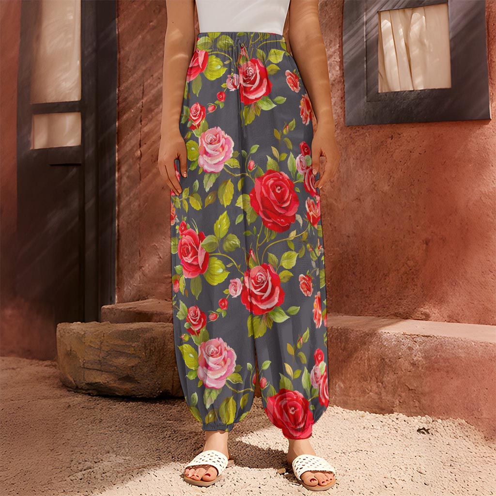 Pink Red Rose Floral Pattern Print Harem Pants