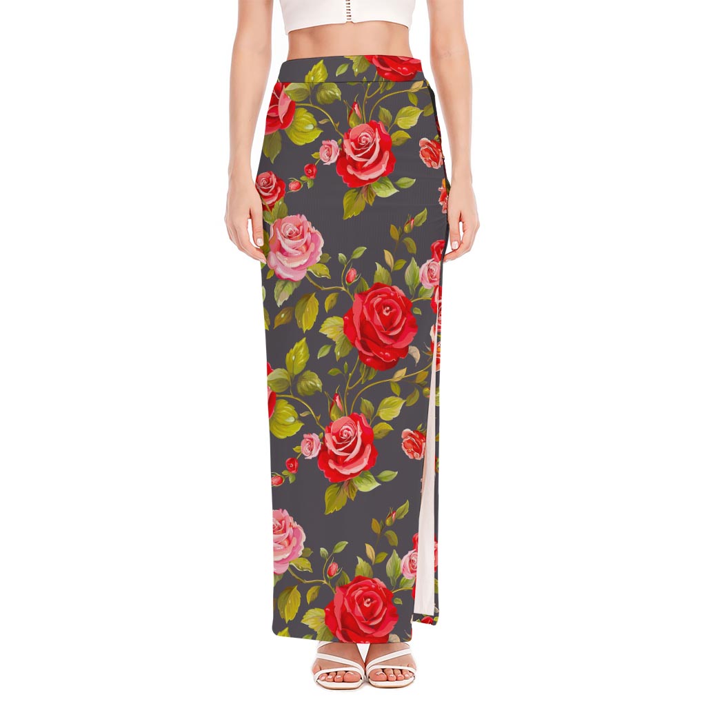 Pink Red Rose Floral Pattern Print High Slit Maxi Skirt