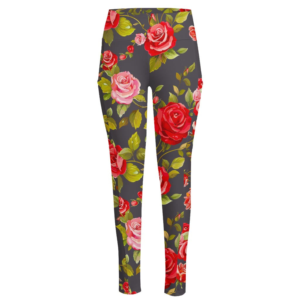 Pink Red Rose Floral Pattern Print High-Waisted Pocket Leggings