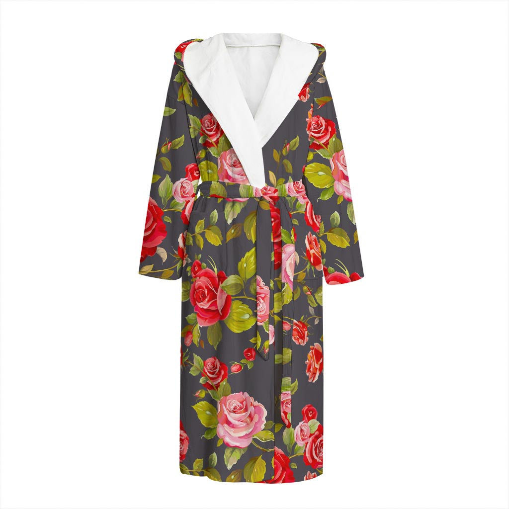 Pink Red Rose Floral Pattern Print Hooded Bathrobe