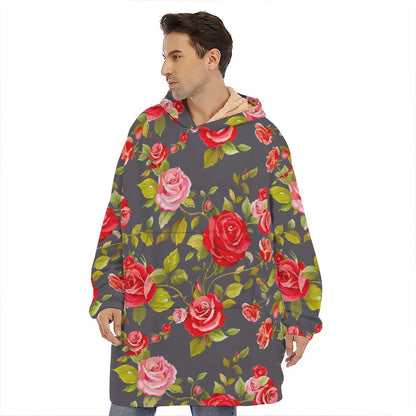 Pink Red Rose Floral Pattern Print Hoodie Blanket