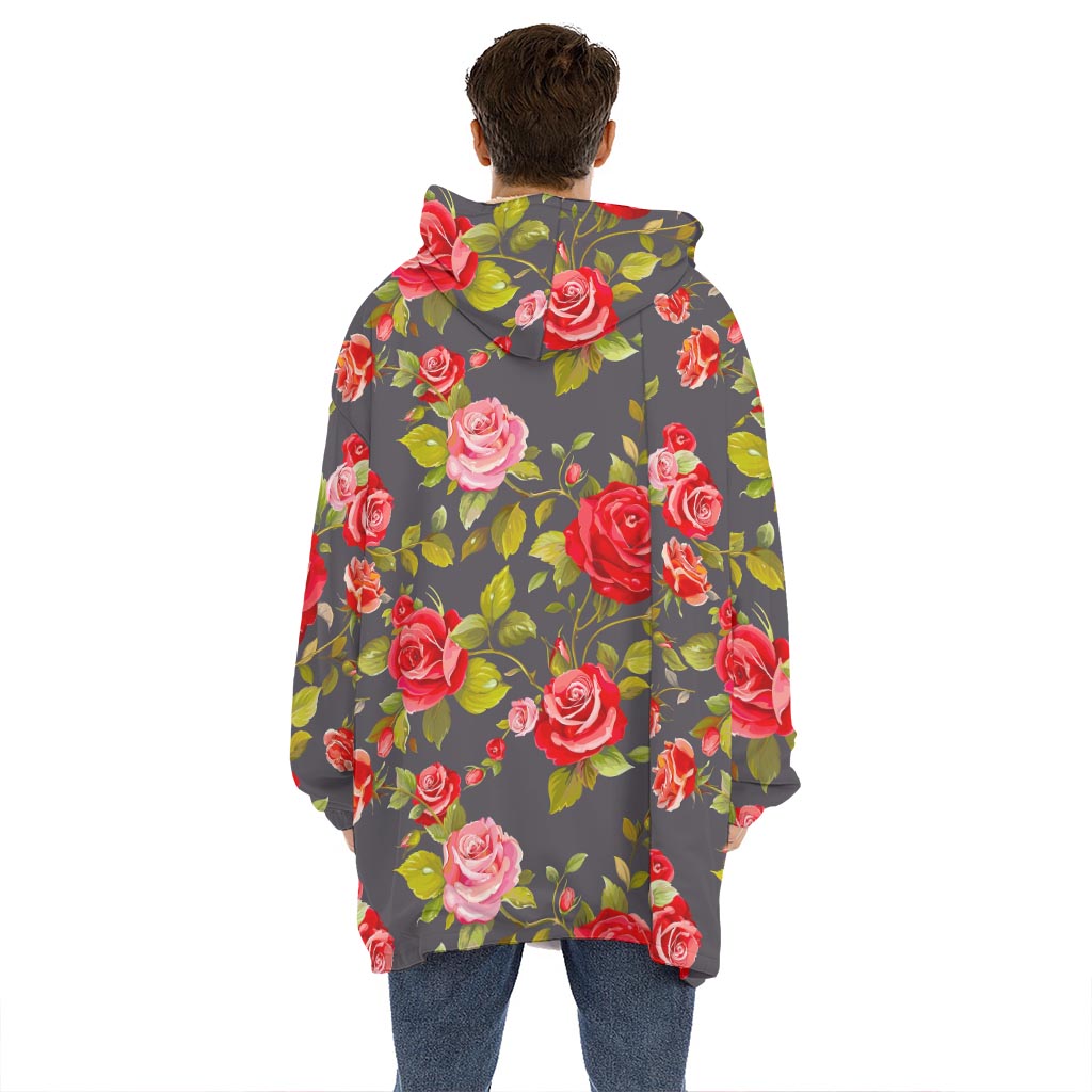 Pink Red Rose Floral Pattern Print Hoodie Blanket