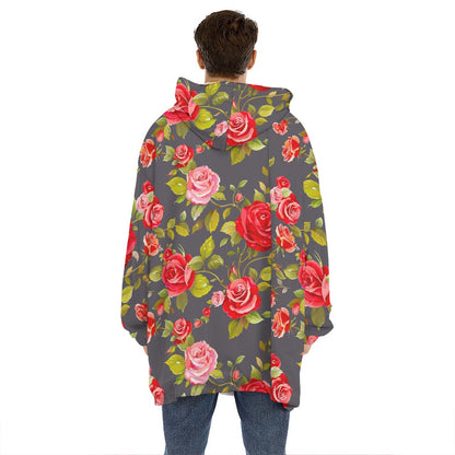 Pink Red Rose Floral Pattern Print Hoodie Blanket