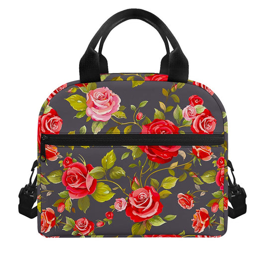 Pink Red Rose Floral Pattern Print Insulated Lunch Bag