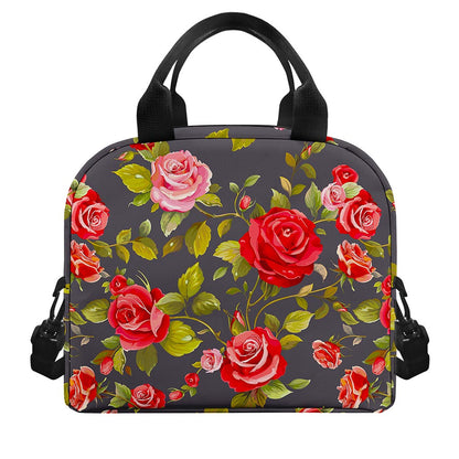 Pink Red Rose Floral Pattern Print Insulated Lunch Bag