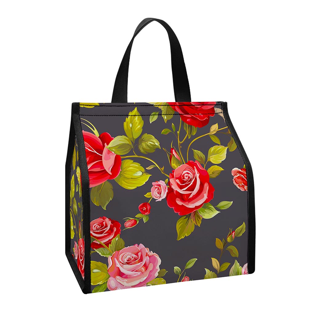 Pink Red Rose Floral Pattern Print Insulated Lunch Tote
