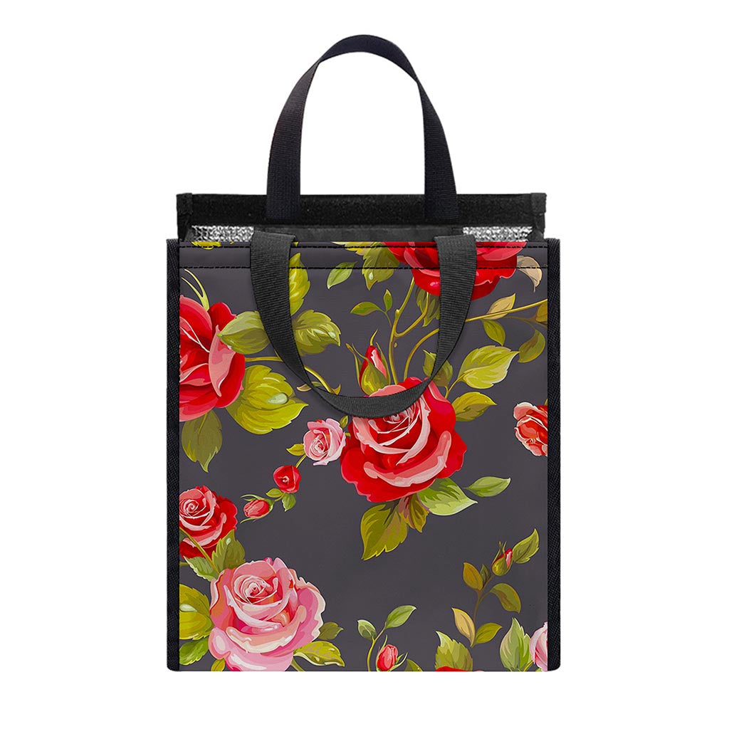 Pink Red Rose Floral Pattern Print Insulated Lunch Tote