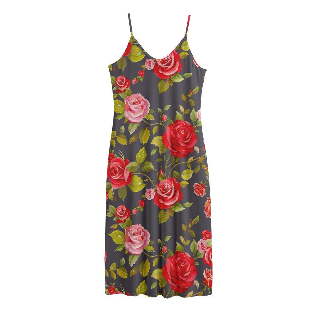 Pink Red Rose Floral Pattern Print Jersey Midi Cami Dress