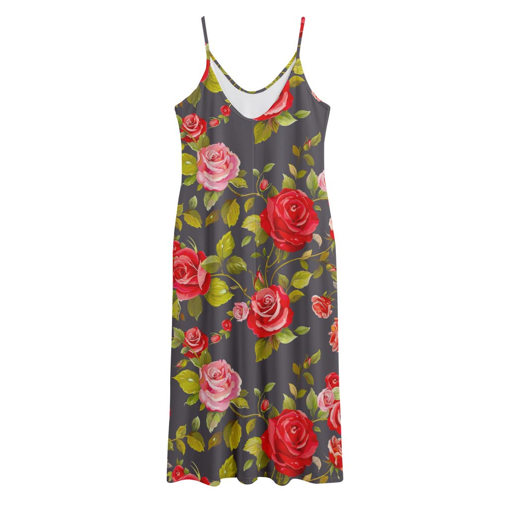 Pink Red Rose Floral Pattern Print Jersey Midi Cami Dress