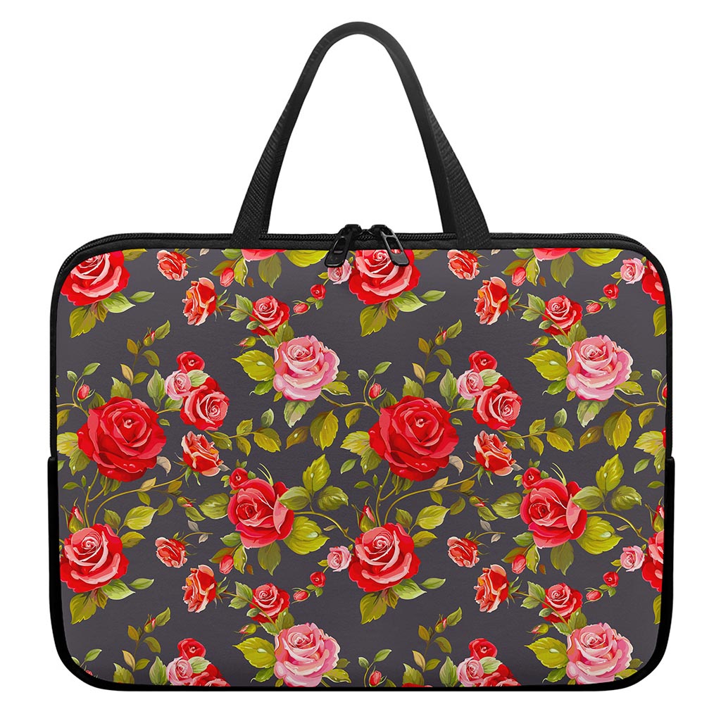 Pink Red Rose Floral Pattern Print Laptop Sleeve With Handle
