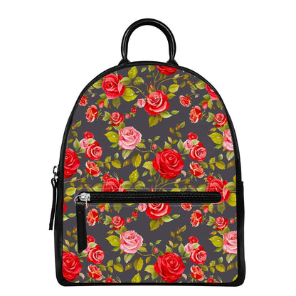 Pink Red Rose Floral Pattern Print Leather Backpack