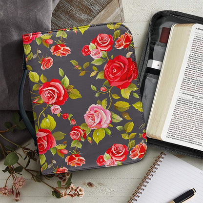 Pink Red Rose Floral Pattern Print Leather Bible Cover