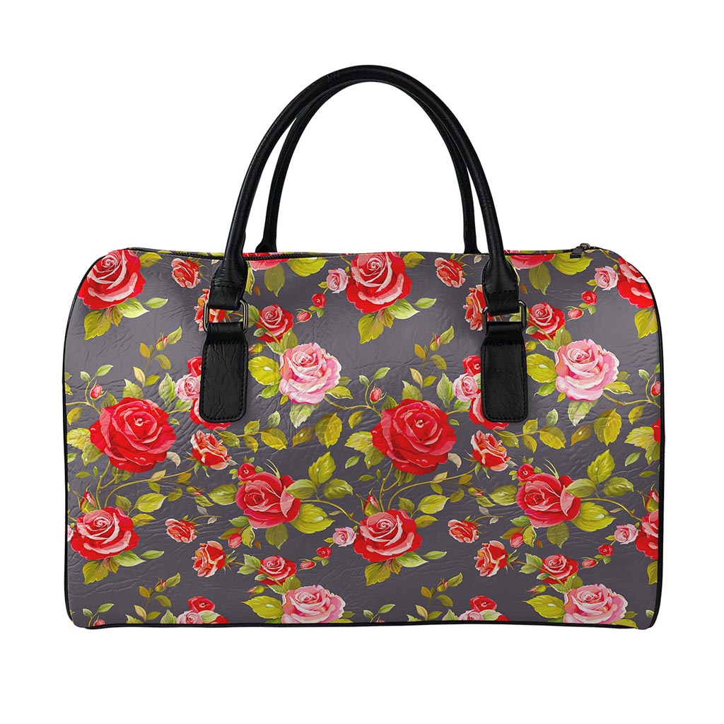 Pink Red Rose Floral Pattern Print Leather Duffle Bag
