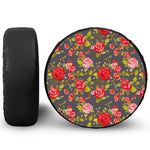 Pink Red Rose Floral Pattern Print Leather Spare Tire Cover