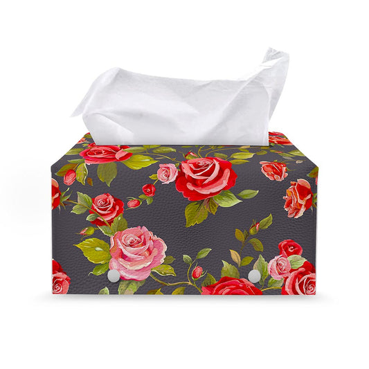 Pink Red Rose Floral Pattern Print Leather Tissue Box Cover