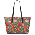 Pink Red Rose Floral Pattern Print Leather Tote Bag With Zipper