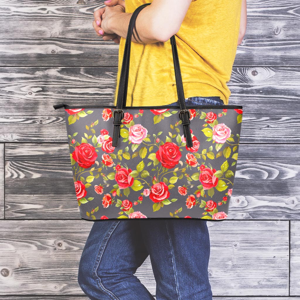 Pink Red Rose Floral Pattern Print Leather Tote Bag
