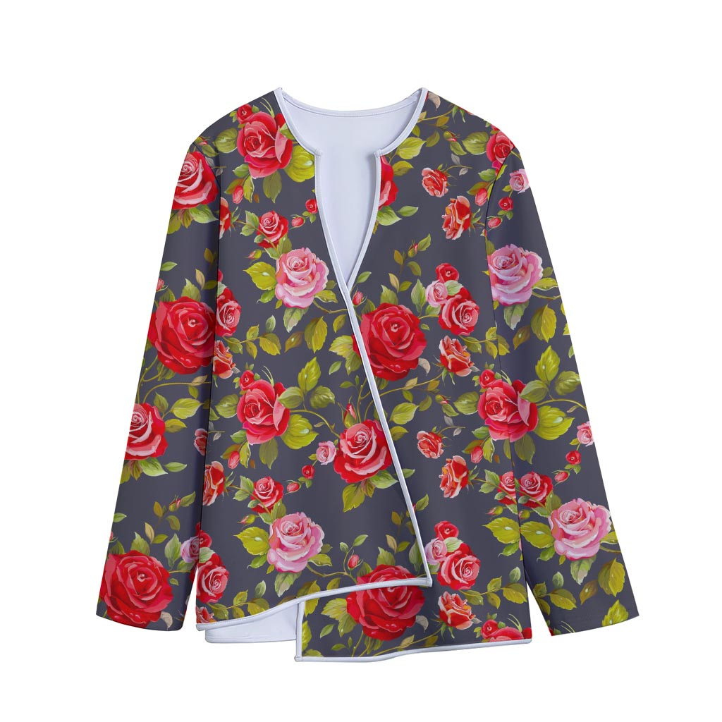 Pink Red Rose Floral Pattern Print Long Sleeve Short Coat