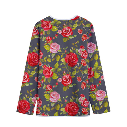Pink Red Rose Floral Pattern Print Long Sleeve Short Coat