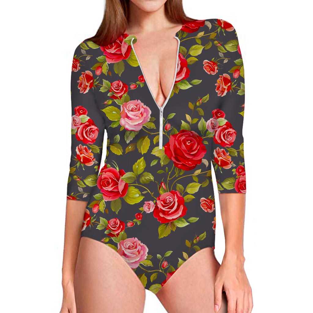 Pink Red Rose Floral Pattern Print Long Sleeve Swimsuit