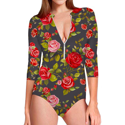 Pink Red Rose Floral Pattern Print Long Sleeve Swimsuit