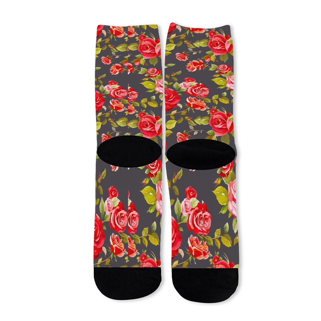 Pink Red Rose Floral Pattern Print Long Socks