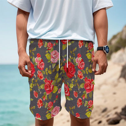 Pink Red Rose Floral Pattern Print Men's Cargo Shorts