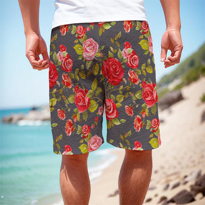 Pink Red Rose Floral Pattern Print Men's Cargo Shorts