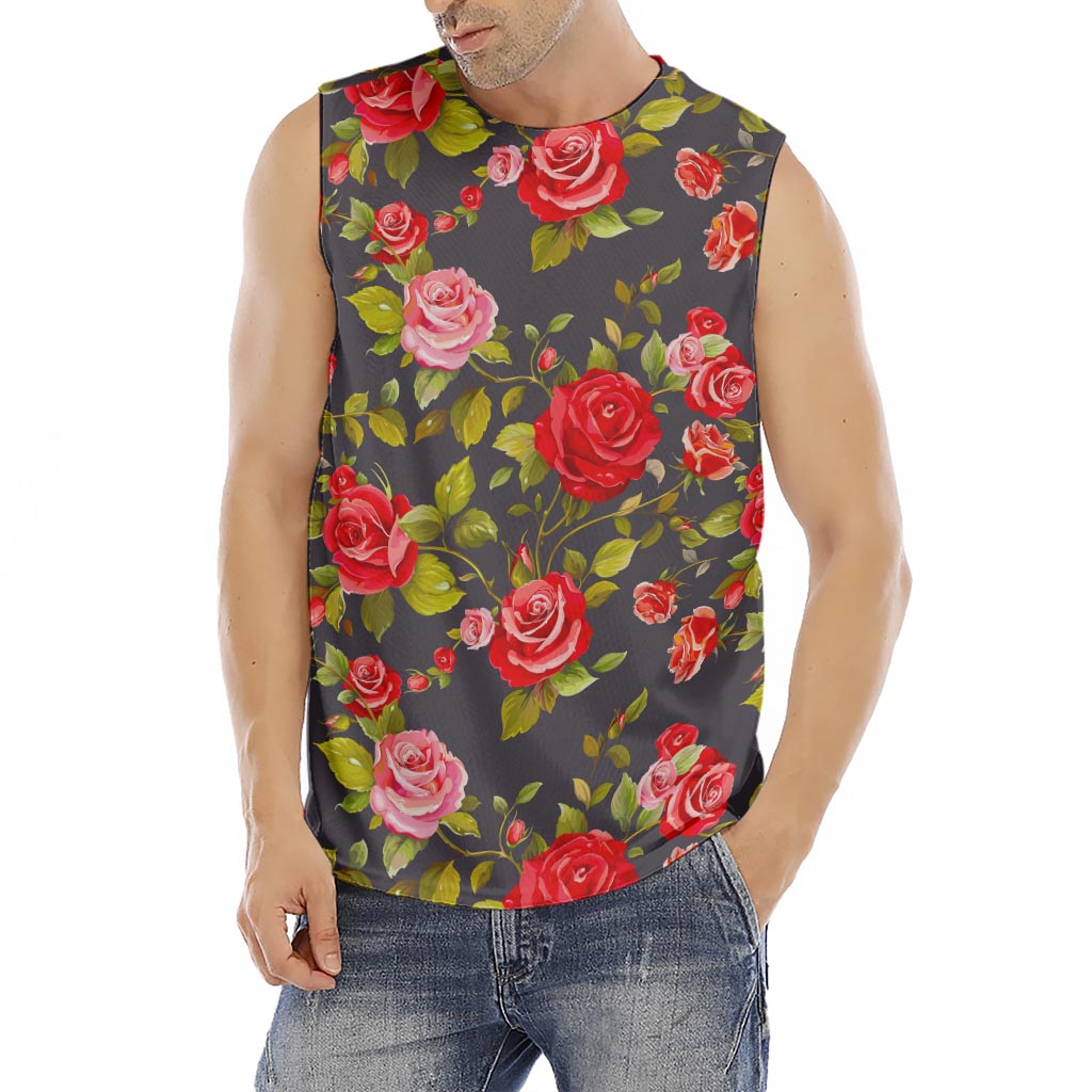 Pink Red Rose Floral Pattern Print Men's Fitness Tank Top