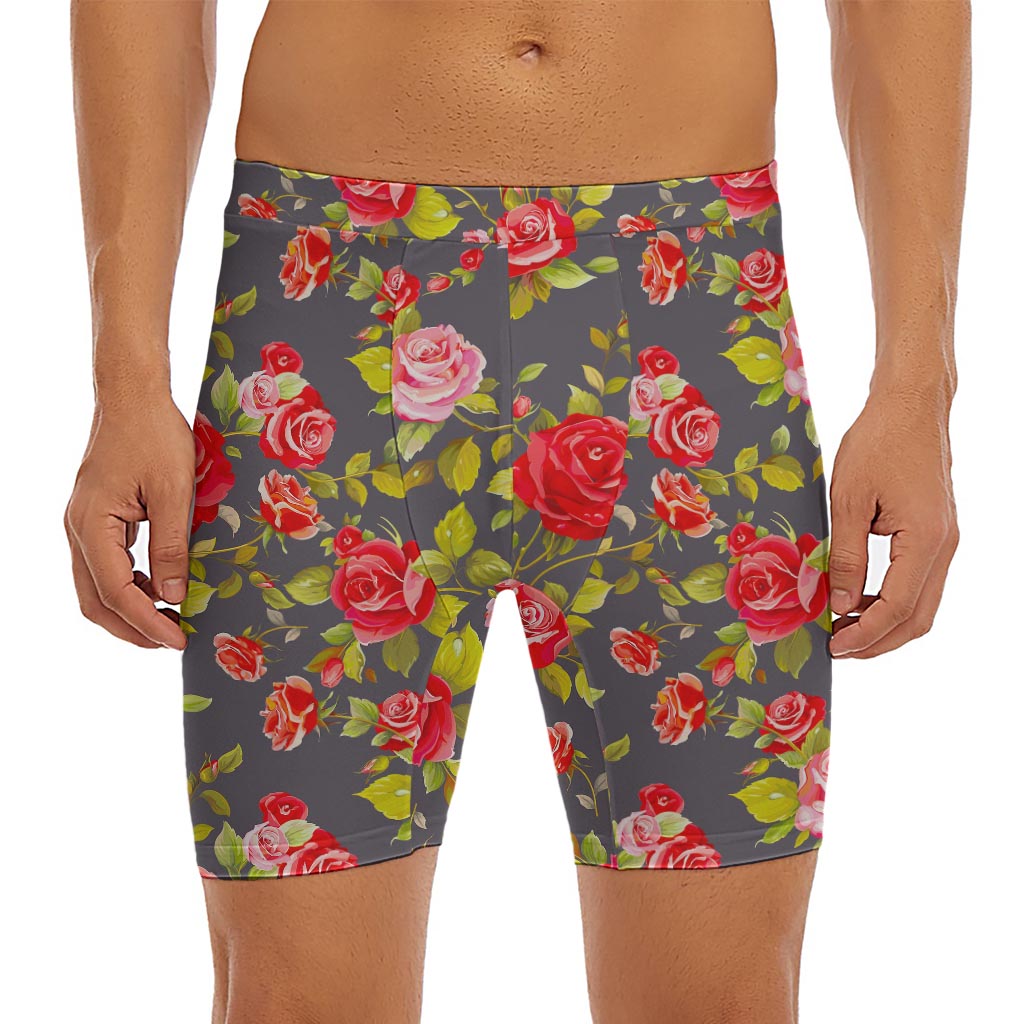 Pink Red Rose Floral Pattern Print Men's Long Boxer Briefs