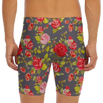 Pink Red Rose Floral Pattern Print Men's Long Boxer Briefs