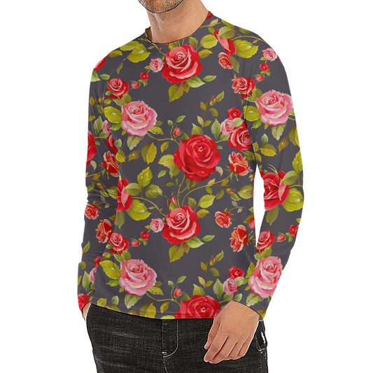 Pink Red Rose Floral Pattern Print Men's Long Sleeve Rash Guard