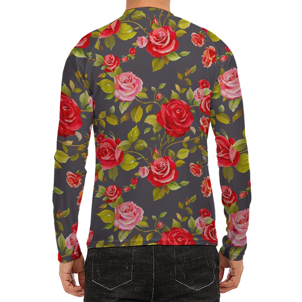 Pink Red Rose Floral Pattern Print Men's Long Sleeve Rash Guard