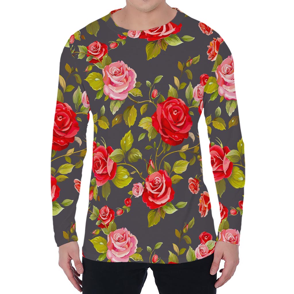 Pink Red Rose Floral Pattern Print Men's Long Sleeve T-Shirt