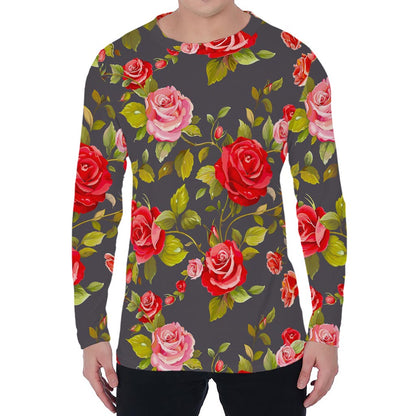 Pink Red Rose Floral Pattern Print Men's Long Sleeve T-Shirt
