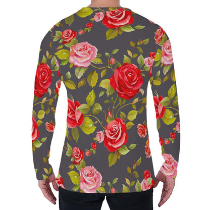 Pink Red Rose Floral Pattern Print Men's Long Sleeve T-Shirt