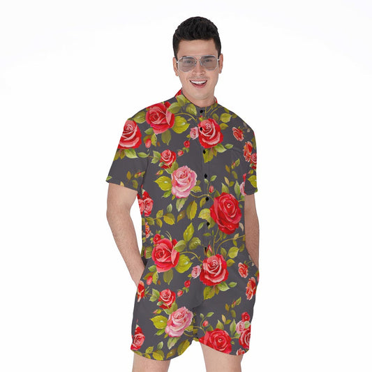 Pink Red Rose Floral Pattern Print Men's Rompers