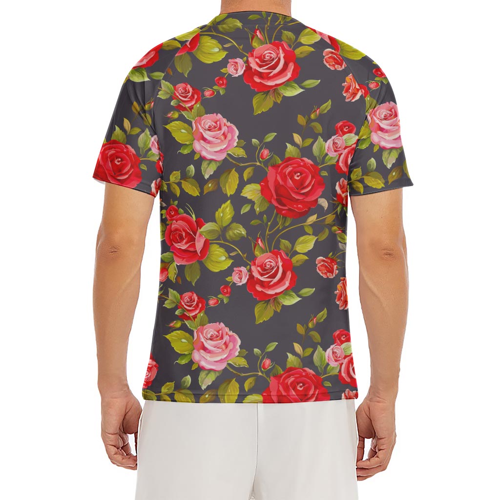 Pink Red Rose Floral Pattern Print Men's Short Sleeve Rash Guard