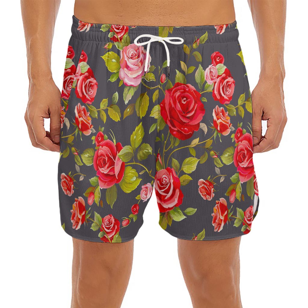 Pink Red Rose Floral Pattern Print Men's Split Running Shorts