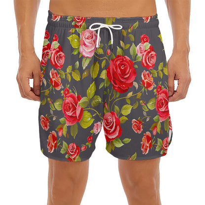 Pink Red Rose Floral Pattern Print Men's Split Running Shorts