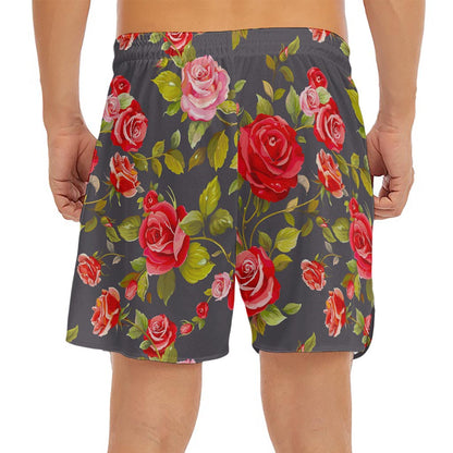 Pink Red Rose Floral Pattern Print Men's Split Running Shorts