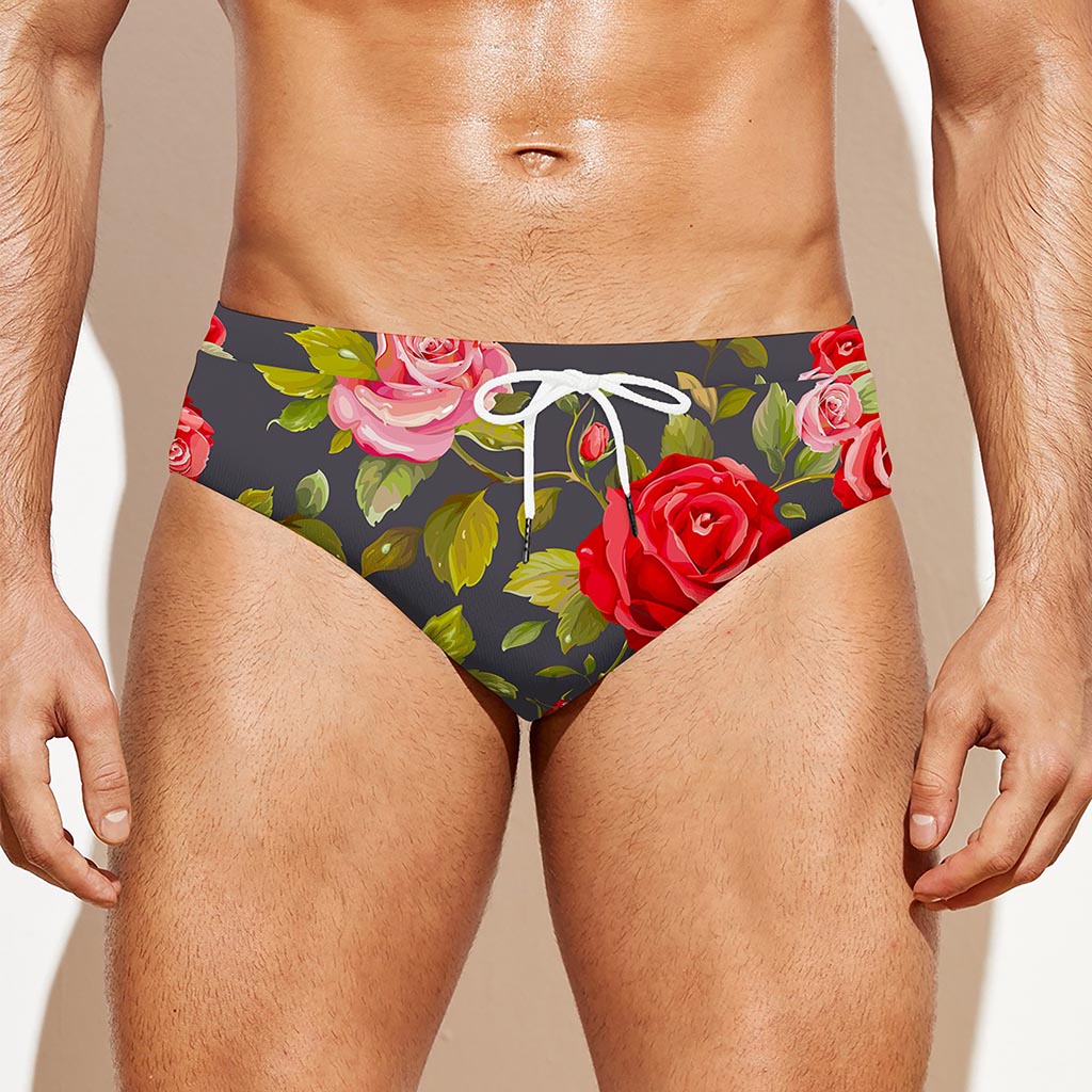 Pink Red Rose Floral Pattern Print Men's Swim Briefs