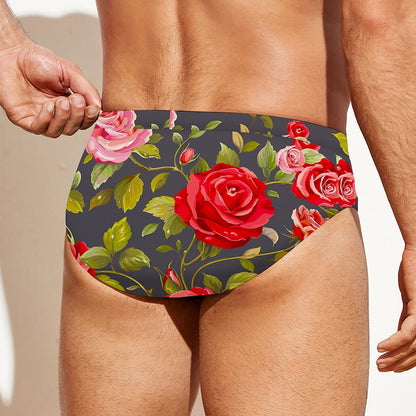 Pink Red Rose Floral Pattern Print Men's Swim Briefs